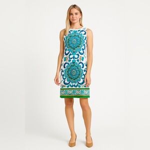 Maggy L Blue Green Paisley Print Shift Dress Size 8 | Bold Retro Boho Mod Look